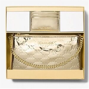 Michael Kors Jet Set Medium Metallic Logo Debossed Pochette & Card Case Gift Set